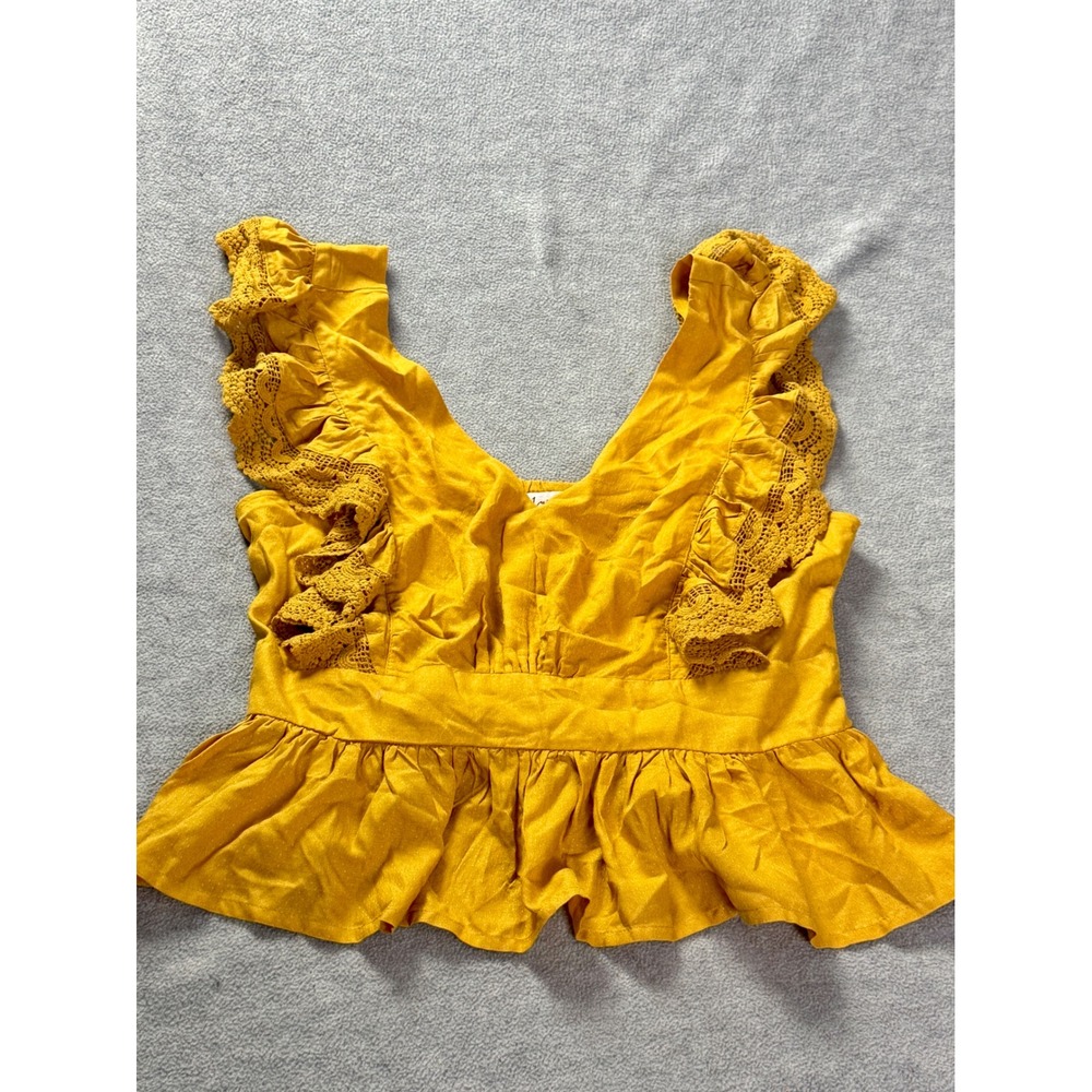 Luna Skies Mustard Yellow Ruffle Peplum Top Sleeveless V-Neck Smocked Back XL